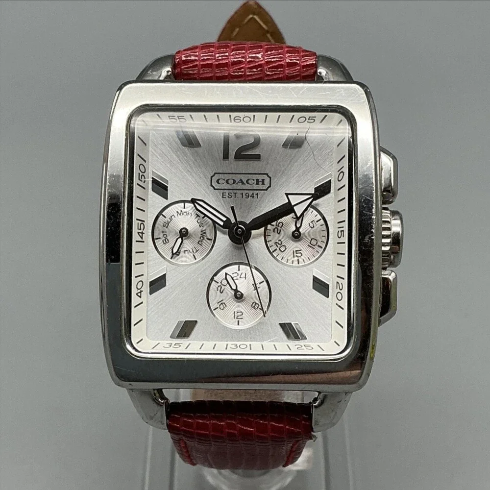 Coach Boyfriend Square Womens Watch 32mm Silver Dial Red Leather New Battery